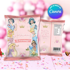 PRINCESS chips bag template, EDIT Yourself in CANVA. Party Kit. Online template, Instant Download.