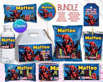BUNDLE SPIDERMAN Party Favors, Edit Yourself in CANVA. Party Kit. 10 Online templates