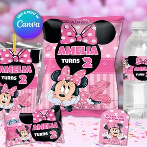 BUNDLE MINNIE chips bag, étiquettes de jus, étiquettes de bouteilles d’eau, modifiez-vous dans CANVA. Kit de fête. 5 modèles en ligne