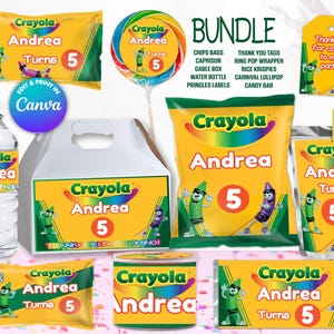 BUNDLE Crayon chips bag, juice labels, etc, EDIT Yourself in CANVA. Party Kit. 10 Online templates