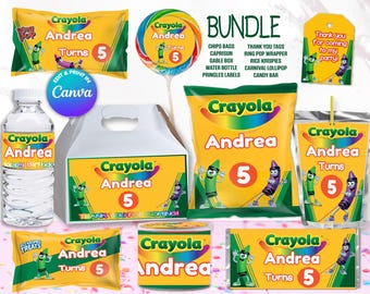 BUNDLE Crayon chips bag, juice labels, etc, EDIT Yourself in CANVA. Party Kit. 10 Online templates