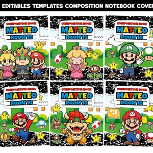 Puede incluir: Seis portadas de cuadernos de composición con personajes de un videojuego popular. Cada portada tiene el texto "COMPOSITION BOOK MATTEO ROOM 10" y un personaje o escena diferente. Las portadas son coloridas y tienen un fondo moteado en blanco y negro.