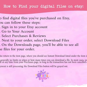 May include: Pink background with white text explaining how to find digital files purchased on Etsy. The text includes steps like signing in to your Etsy account, going to your account, selecting purchases and reviews, selecting download files, and going to the downloads page.