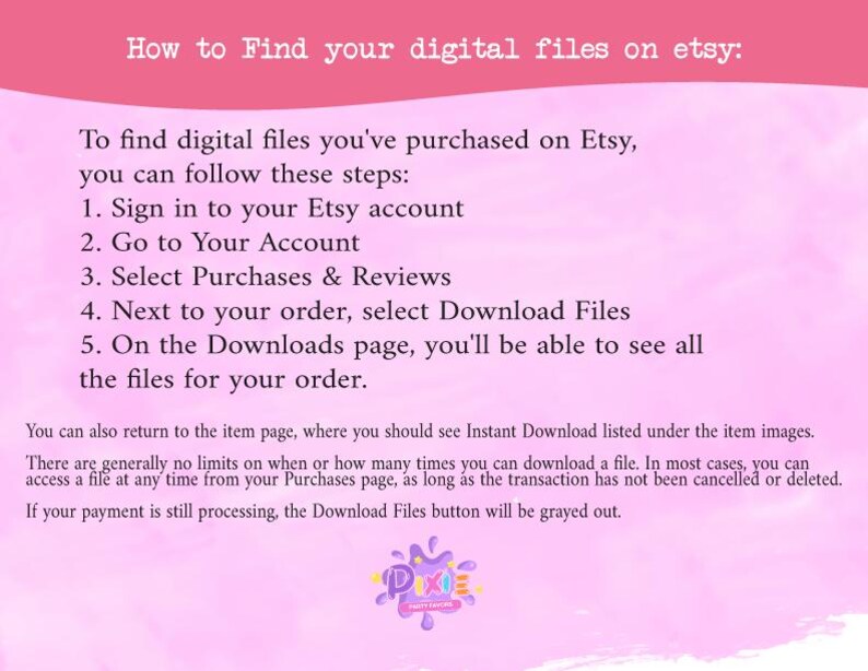 May include: Pink background with white text explaining how to find digital files purchased on Etsy. The text includes steps like signing in to your Etsy account, going to your account, selecting purchases and reviews, selecting download files, and going to the downloads page.