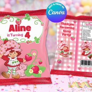 Vorlage für Erdbeer-Chipstüten, selbst bearbeiten in CANVA. Party-Set. Online-Vorlage.