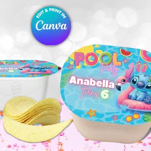Stitch POOL Party PRINGLES Lid Template, Edit Yourself in CANVA. Online template.