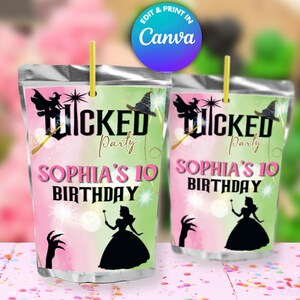 Pode incluir: Duas etiquetas de caixa de suco rosa e verde com um tema de bruxa e princesa. O texto nas etiquetas diz "Wicked Party" e "Sophia's 10 Birthday".