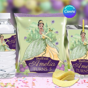 May include: Party supplies featuring a princess theme. The image includes a water bottle, a bag of chips, and a juice box, all decorated with a princess illustration and the text "The Princess Amelia Turns 5". The color scheme is green, purple, and gold.