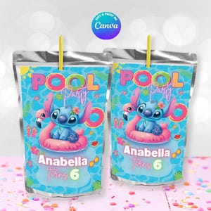 Editable Stitch POOL Party Caprisun Template, Edit Yourself in CANVA. Online template.