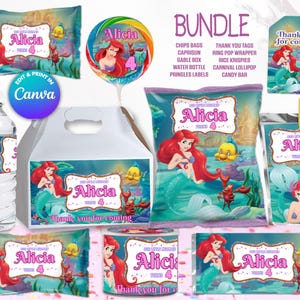 BUNDLE Little MERMAID Ariel chips bag, juice labels, water bottle labels,  etc, Edit Yourself in CANVA. Party Kit. 10 Online templates