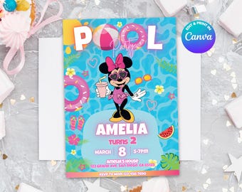 Minnie POOL INVITATION Template, Edit Yourself in CANVA. Online template.