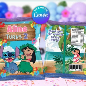 May include: A purple and blue chip bag featuring a cartoon image of Stitch and Lilo. The bag has a sign that says "Aline Turns 2" and a thank you message for coming to the party.