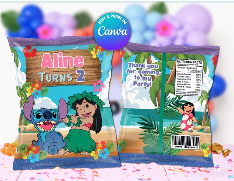 K&ouml;nnte beinhalten: Ein lila und blauer Chipst&uuml;te mit einem Cartoon-Bild von Stitch und Lilo. Die T&uuml;te hat ein Schild mit der Aufschrift "Aline wird 2" und eine Dankesbotschaft f&uuml;r das Kommen zur Party.