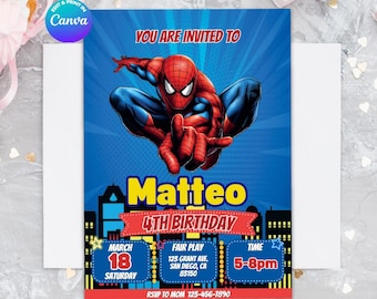 Editable SPIDER man INVITATION Template, Edit Yourself in CANVA. Online template.