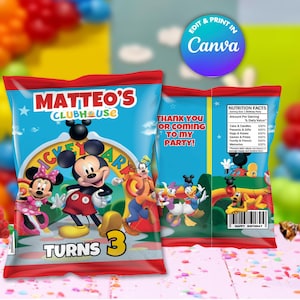 Szablon torebki z chipsami Mickey, EDYTUJ samodzielnie w serwisie CANVA. Zestaw imprezowy online.