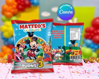 Mickey chips bag Template, EDIT Yourself in CANVA. Party Kit. Online template.