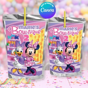 May include: Two silver juice boxes with a pink and purple design. The boxes feature a Minnie Mouse and Daisy Duck character with the text "Marie's Bow-tique 2".