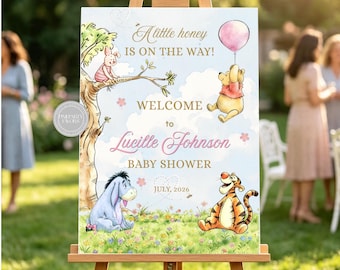 Editable Pooh Baby Shower Welcome Sign | Girls Shower Entry Sign Digital , EDIT Yourself in CANVA.