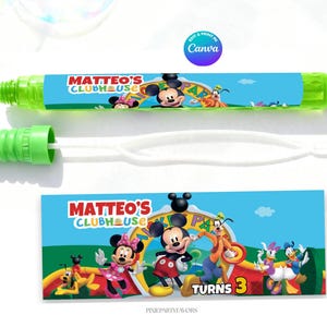 May include: A green plastic bubble wand with a blue label featuring Mickey Mouse and friends, with the text "MATTEO'S CLUBHOUSE". A matching label is below, with the text "TURNS 3".