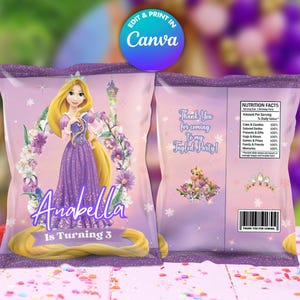 Puede incluir: Bolsa de patatas fritas morada y rosa con una ilustración de princesa y el texto "Anabella cumple 3 años".