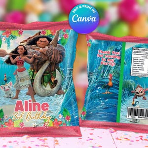 Moana Chips tassen sjabloon, zelf bewerken in CANVA. Feestpakket. Online sjabloon.