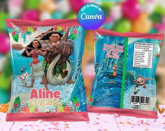 Moana Chips bags Template, Edit Yourself in CANVA. Party Kit. Online template.