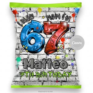 May include: A chip bag design with a graffiti-style theme. The bag features the text "I WAS... NOW I'M 67" in blue and red, with the name "Matteo" and "7TH BIRTHDAY" below. The background is a white brick wall with colorful paint splatters.
