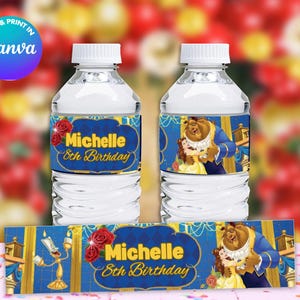 Modèle de bouteilles d'eau d'anniversaire La Belle et la Bête, modifiez-vous dans CANVA. Kit de fête. Modèle en ligne.