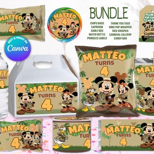 BUNDLE Mickey SAFARI chips bag, juice labels, water bottle labels, etc, Edit Yourself in CANVA. Party Kit. 10 Online templates