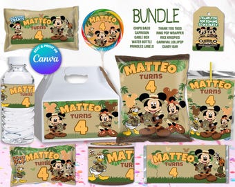 BUNDLE Mickey SAFARI chips bag, juice labels, water bottle labels, etc, Edit Yourself in CANVA. Party Kit. 10 Online templates