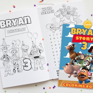 Puede incluir: Un libro para colorear y dos páginas abiertas de un libro para colorear con personajes de la película Toy Story. La portada del libro para colorear dice "BRYAN STORY 3 COLORING BOOK". Las páginas abiertas dicen "BRYAN BIRTHDAY".