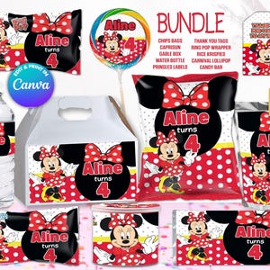 BUNDLE MINNIE chips bag, juice labels, water bottle labels, etc, Edit Yourself in CANVA. Party Kit. 10 Online templates