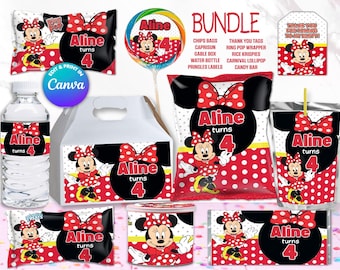 BUNDLE MINNIE chips bag, juice labels, water bottle labels, etc, Edit Yourself in CANVA. Party Kit. 10 Online templates