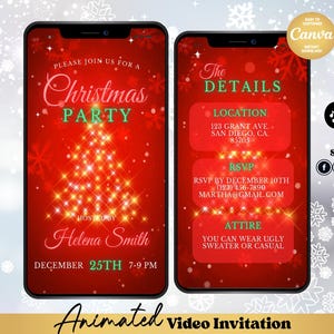 Puede incluir: Invitación animada a una fiesta de Navidad en la pantalla de un smartphone. El fondo rojo presenta un árbol de Navidad brillante hecho de luces. Los detalles incluyen la fecha, hora, lugar, información de RSVP y sugerencias de vestimenta.