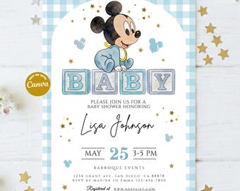 BABY Shower Mickey Invitation Template, EDIT Yourself in CANVA. Online template.