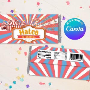 CARNIVAL Circus CANDY Bar Template, Edit Yourself in CANVA. Party Kit. Online template.