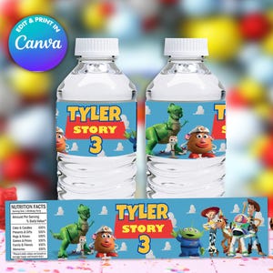 May include: Water bottle labels featuring characters from the Toy Story movie franchise. The labels are blue with white clouds and feature the text "Tyler Story 3". One label features Woody, Buzz Lightyear, Jessie, and Rex. The other label features Mr. Potato Head, Rex, and a dinosaur.