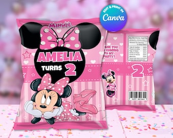 Minnie Chips bags Template, EDIT Yourself in CANVA. Party Kit. Online template.
