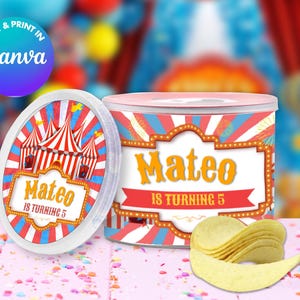 CARNIVAL Circus Pringles labels Template, Edit Yourself in CANVA. Party Kit. Online template.