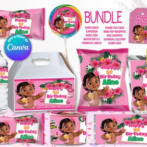 May include: A set of printable party supplies featuring a cartoon character with brown skin and dark hair. The supplies include a water bottle label, a chip bag label, a juice box label, a thank you tag, a lollipop wrapper, a candy bar wrapper, a gable box label, and a printable sign that says "Happy 1st Birthday Aline".