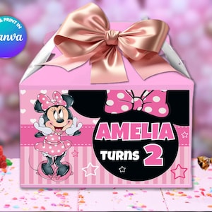 Vorlage für Minnie Gable-Boxetiketten, BEARBEITEN Sie selbst in CANVA. Party-Set. Online-Vorlage.