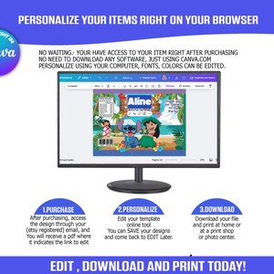 K&ouml;nnte beinhalten: Ein Computerbildschirm zeigt eine blaue und gr&uuml;ne druckbare Designvorlage f&uuml;r eine Party. Die Vorlage zeigt eine Zeichentrickfigur aus dem Disney-Film Lilo & Stitch. Der Text auf dem Bildschirm lautet "Aline's Luau Party". Der Text auf dem Bildschirm lautet auch "Edit & Print in Canva".