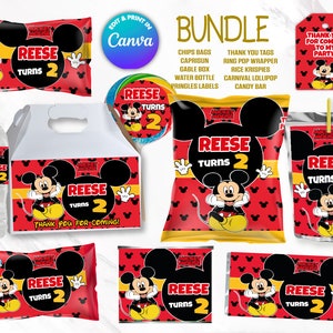 BUNDLE Mickey chips bag, juice labels, water bottle labels, snacks treat, etc, EDIT Yourself in CANVA. Party Kit. 10 Online templates