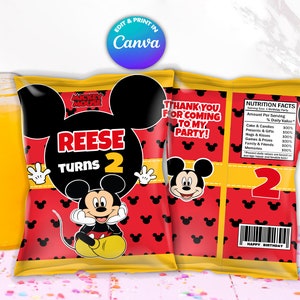 Mickey chips bag Template, EDIT Yourself in CANVA. Party Kit. Online template.
