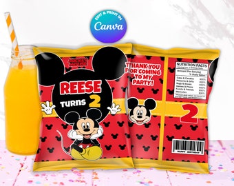 Vorlage für eine Mickey-Chips-Tüte, selbst in Canva bearbeiten. Party-Set. Online-Vorlage.
