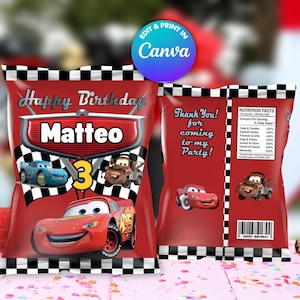 Szablon torby na chipsy CARS, edytuj samodzielnie w serwisie CANVA. Zestaw imprezowy online