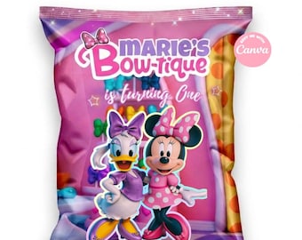 Minnie-Schleife-Chipstüten-Vorlage, selbst in Canva bearbeiten. Party-Set. Online-Vorlage.