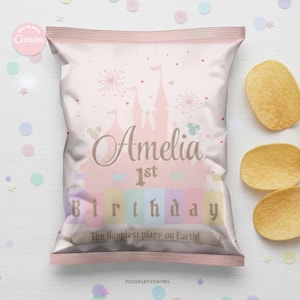 May include: A pink chip bag with a castle design, the name "Amelia" and "1st Birthday" printed on it. The bag also has the text "The happiest place on Earth!" and is decorated with confetti and potato chips.