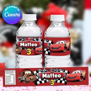 CARS water bottle labels, Edit Yourself in CANVA. Party Kit. Online template