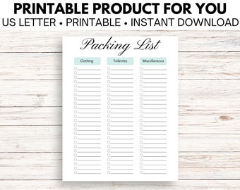 May include: Printable packing list with three columns labeled "Clothing", "Toiletries", and "Miscellaneous". Each column has 20 blank lines with a circle to check off items.